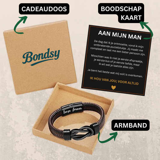 Aan Mijn Man | Leren Armband met Boodschap “Ik Hou Voor Altijd van Je”