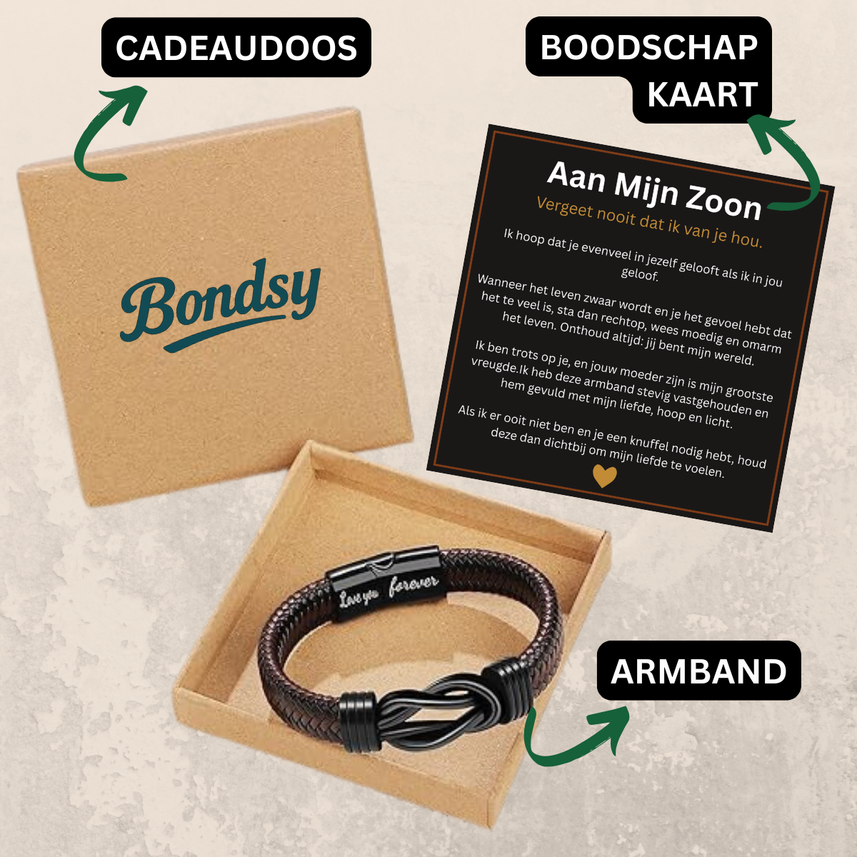 Aan Mijn Zoon/Kleinzoon | Leren Armband met Boodschap “Ik Hou Voor Altijd van Je”