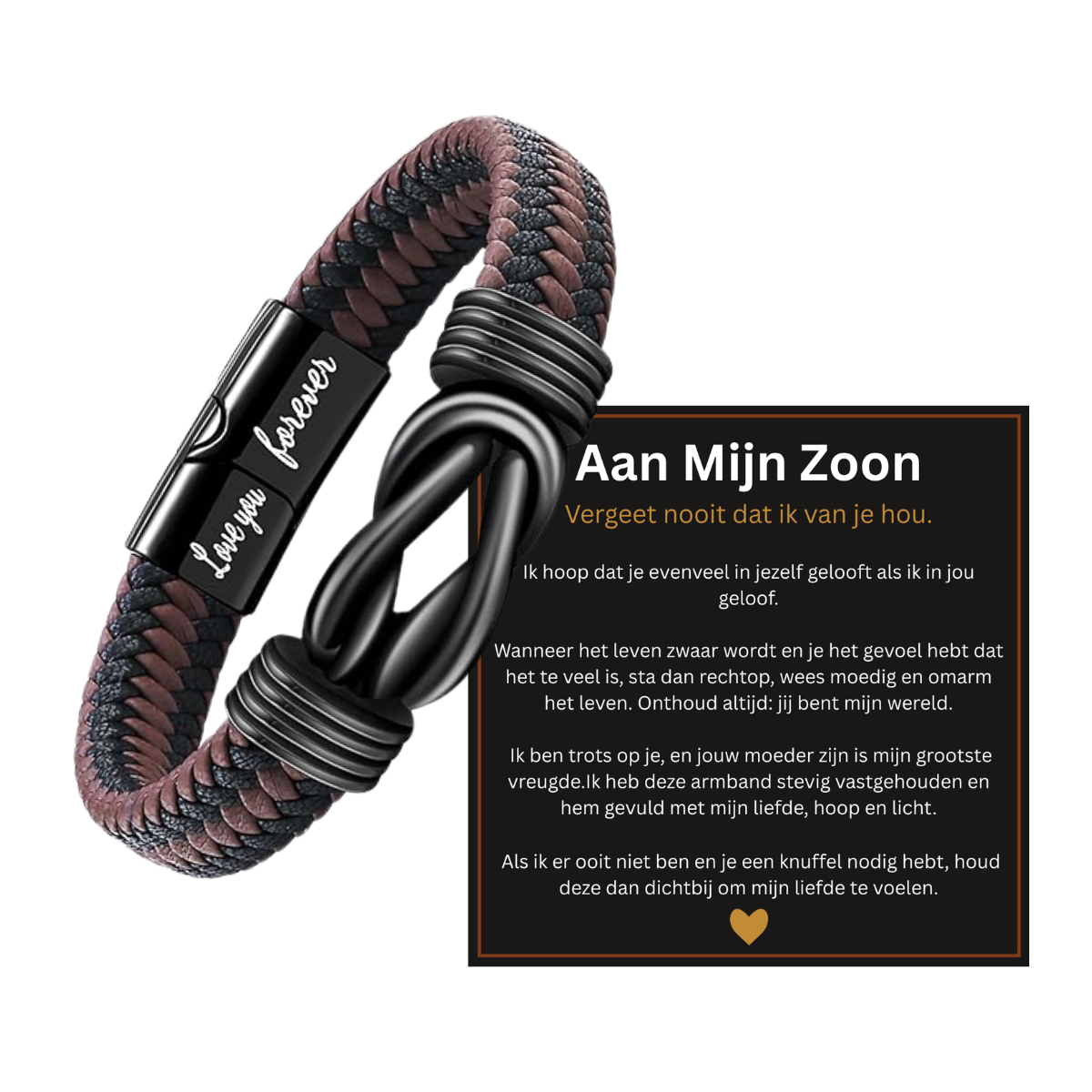 Aan Mijn Zoon/Kleinzoon | Leren Armband met Boodschap “Ik Hou Voor Altijd van Je”